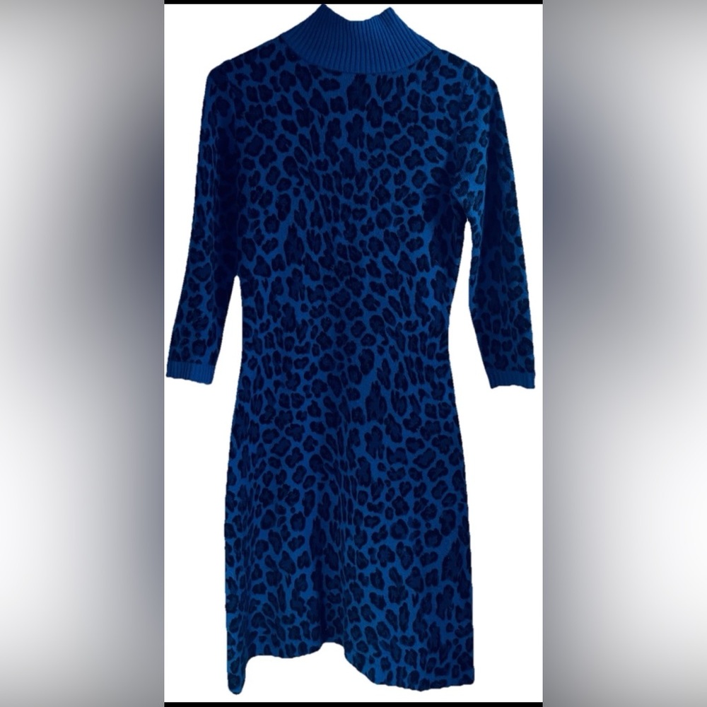 Betsey Johnson Blue Leopard Print Knit Sweater Dress Button Collar M.